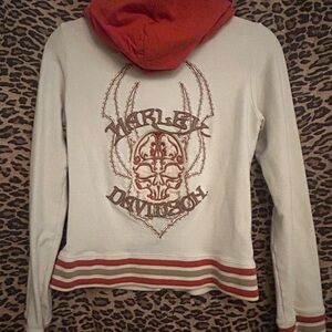 Harley Davidson- size M -stretchy Hoodie w tribal skull embroidery full zip